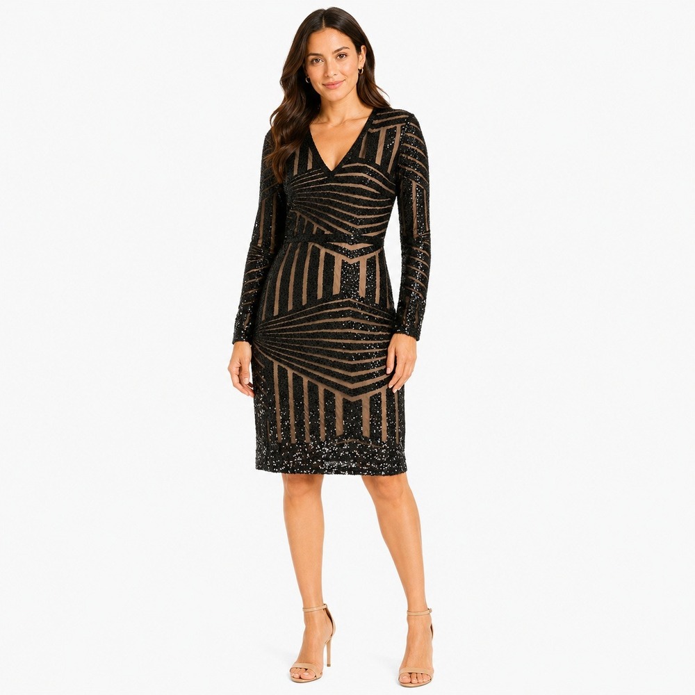 Miss Ord Sequin Cocktail Dress Women Size Medium Black Gold Geometric V-Neck‎